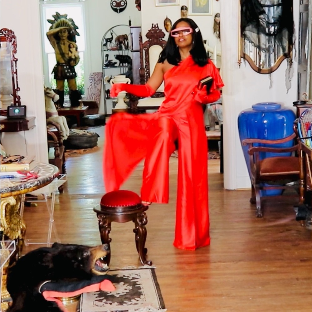 fab custom red elegant one shoulder jumpsuit S